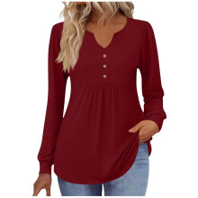 New women's long-sleeved Henley shirt, elegant and-Burgundy XXL