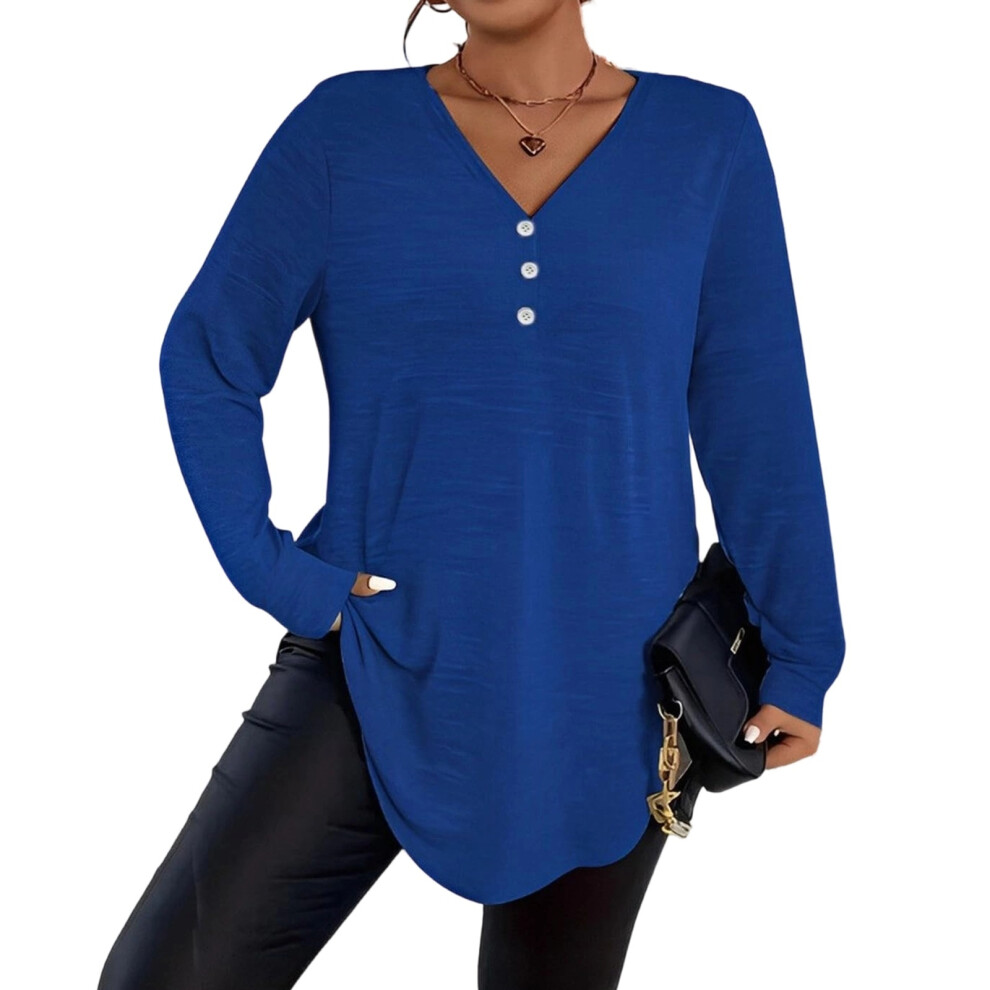 Blue Plus Size Tops For Women Dressy Button V Neck Long Sleeve