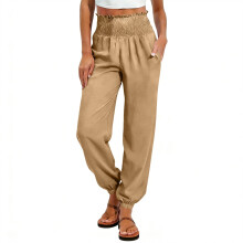 Women Workout Tapper Baggy Casual Elastic High Waist-Khaki L
