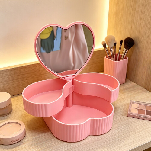 Double Layer Rotating Heart Shaped Jewelry Box With Mirror-Pink 2