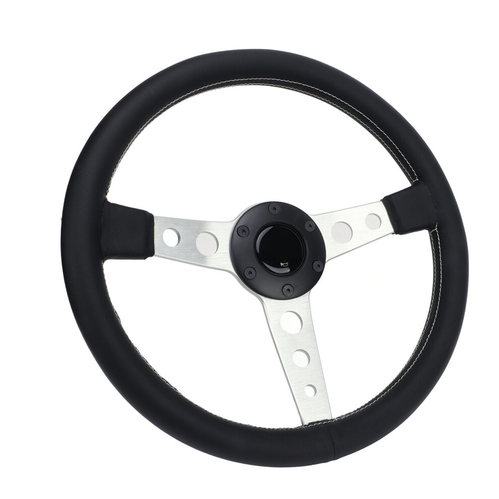 Leather 14In Steering Wheel Spokes Black/Silver 7055741093975