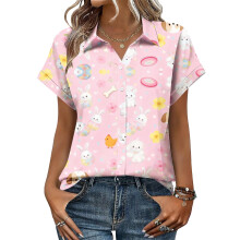 Women's Button-Down Shirts, Short Sleeve, V-Neck,-Pink XXL
