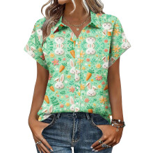 Women's Button-Down Shirts, Short Sleeve, V-Neck,-Green XXL