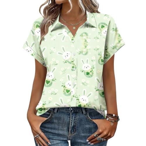 Women's Button-Down Shirts, Short Sleeve, V-Neck,-Mint XXL