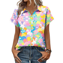 Women's Button-Down Shirts, Short Sleeve, V-Neck,-Orange M