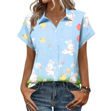 Women's Button-Down Shirts, Short Sleeve, V-Neck,-Multi L