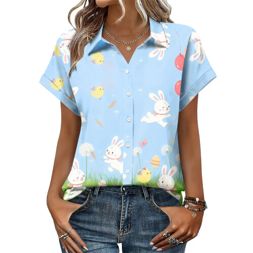 Women's Button-Down Shirts, Short Sleeve, V-Neck,-Multi L