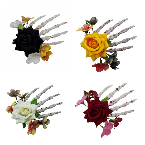 Blume Skelett Hände Haar Clips Schädel Knochen Form-Rot 1