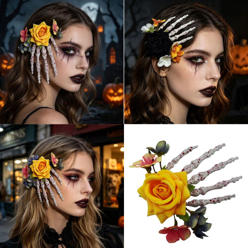 Blume Skelett Hände Haar Clips Schädel Knochen Form-Rot 2