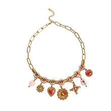 Elegant Floral Heart Enamel Necklace In Gold Tone Adjustable