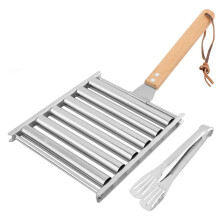 Hot Dog Roller for Grill with Metal Spatula and Long Wooden Handle Stainless Steel Sausage Roller Rack Hot Dog Girller