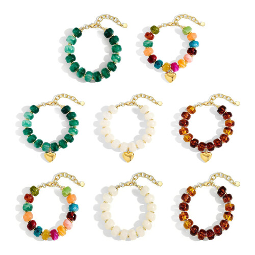 Stylish Resin Beaded Wristband With Button Accent Adjustable-4 1