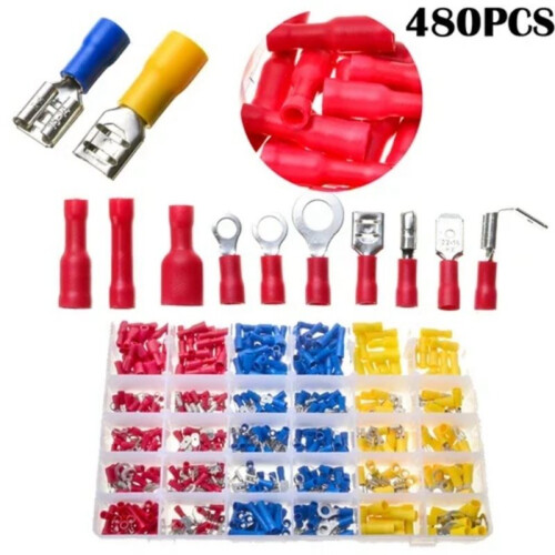 480PCS Insulated Cable Connector Electrical Wire Crimp Spade Butt Ring Fork Set Ring Lugs Rolled Terminals Assorted Kit 2