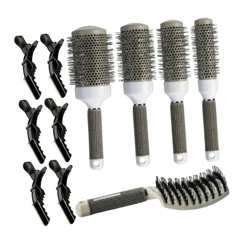 Professional Hair Styling Kit Includes 5 Brushes And 6 Clips For
