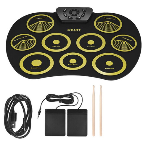 Electronic Drum Set 9 Pads Electronic Drum Set Hand Roll Drum Set Supports DTX Games with Drumsticks Pedals