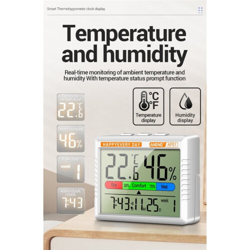 ANENG Digital Thermohygrometer Clock AP01 Snooze-Alarm Mode Air-Thermometer Humidity Multi-Scenario Type2
