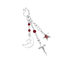 Unique Dark Style Moon Crucifix Bat Rose Keyring For Purse-Red