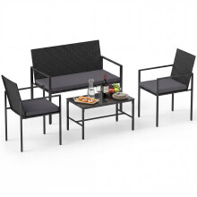 4 PCS Rattan Furniture Set Outdoor Chairs & Loveseat Glass Coffee Table