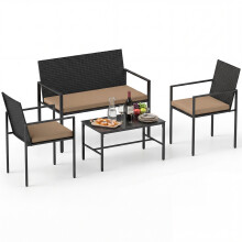 4 PCS Rattan Furniture Set Outdoor Chairs & Loveseat Glass Coffee Table