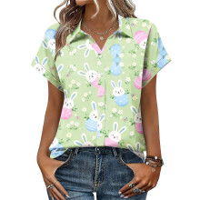 Women's Button-Down Shirts, Short Sleeve, V-Neck,-Turquoise M