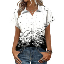 Women's V-neck short-sleeved shirt, casual positional-Black S