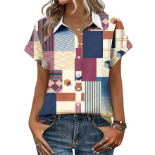 Women's V-neck short-sleeved shirt, casual positional-Red M