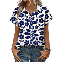 Women's V-neck short-sleeved shirt, casual positional-Blue XL