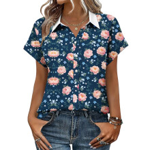 Women's V-neck short-sleeved shirt, casual-Navy Blue XL