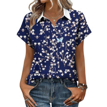 Women's V-neck short-sleeved shirt, casual-Blue M
