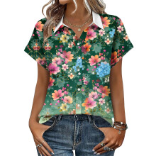 Women's Button-Down Shirts, Short Sleeve, V-Neck,-Green S