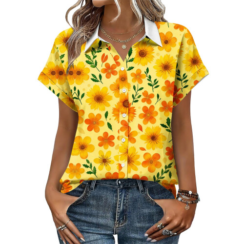 Women's Button-Down Shirts, Short Sleeve, V-Neck,-Yellow M