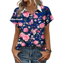 Women's Button-Down Shirts, Short Sleeve, V-Neck,-Blue M