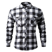 (Black, M) Brushed plaid shirt for men European and American sizes double pocket flap men's shirt plaid casual jacket for men