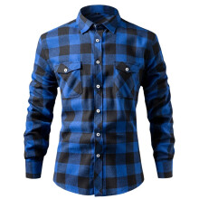 (Dark blue, S) Brushed plaid shirt for men European and American sizes double pocket flap men's shirt plaid casual jacket for men