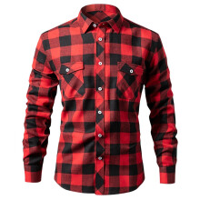 (Red, XXL) Brushed plaid shirt for men European and American sizes double pocket flap men's shirt plaid casual jacket for men