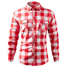 (Watermelon red, XXXL) Brushed plaid shirt for men European and American sizes double pocket flap men's shirt plaid casual jacket for men