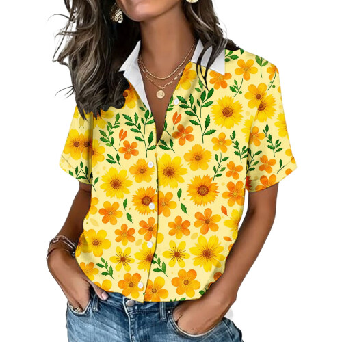 Women's Button-Down Shirts, Short Sleeve, V-Neck,-Yellow M 2