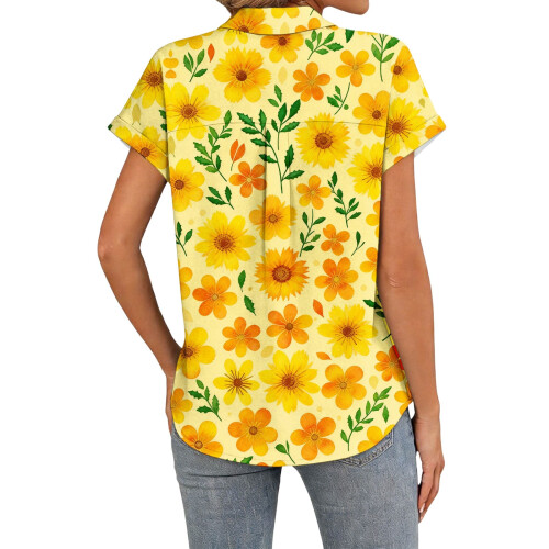 Women's Button-Down Shirts, Short Sleeve, V-Neck,-Blue M 1