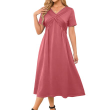 Womens Short Sleeve Dress Casual V-Neck Maxi Dresses A-Pink M