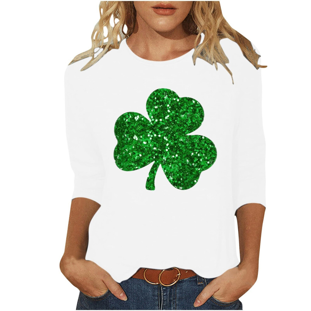 t Patricks Day Shirt Women  3/4 Sleeve   Tops Shamrock-White M