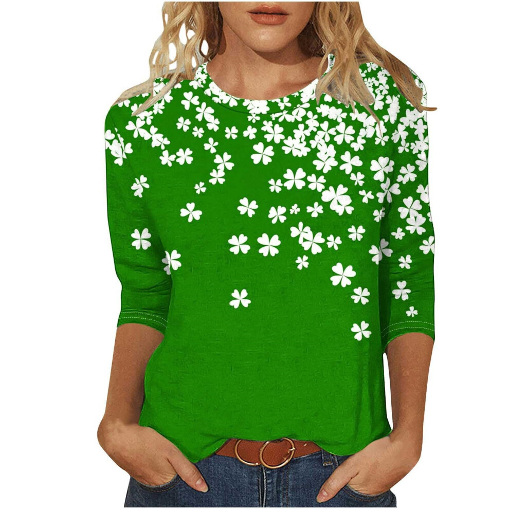 Dark/Green Women's 3/4 Sleeve Blouse, Round Neck, Casual- M