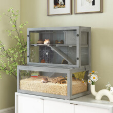 (Grey) PawHut 3 Tier Wooden Hamster Cage with Hut, Wheel, Ramps