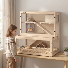 (Yellow) PawHut 3 Tier Wooden Hamster Cage with Hut, Wheel, Ramps