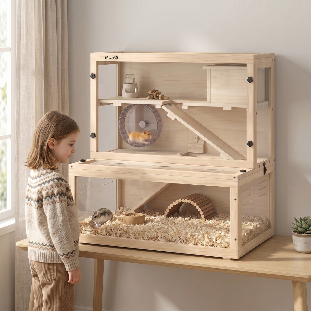 Pawhut (Yellow) 3 Tier Wooden Hamster Cage With Hut, Wheel, Ramps Yellow