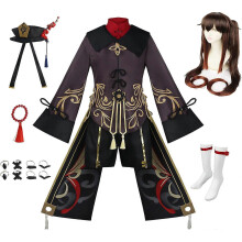 (Hu Tao wig, 3XL) Set completo per cosplay di Hu Tao: uniforme e parrucca per Halloween