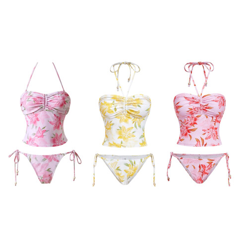2pcs Elegant Halterneck Split Tankini Set Bright-red flower M 2