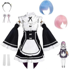 (A, XS) Anime Rem Ram Cosplay Maid Dress Halloween Pełny zestaw strojów