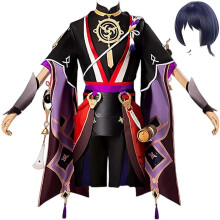 (D, L) Set completo per cosplay di Scaramouche Kunikuzushi con parrucca per Halloween e Natale, ideale per giochi di ruolo.