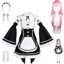 (C, 2XL) Costume completo da cameriera per cosplay di Rem Ram (anime) per Halloween.