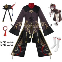 (Hu Tao, 3XL) Hu Tao Cosplay komplett sett: Uniformkjole og parykk til Halloween